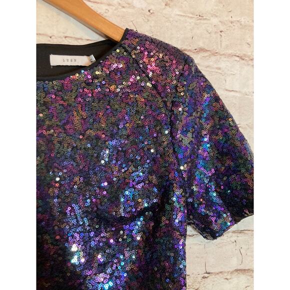 Lush Crop Top Womens Small Purple All Over Sequins Cropped Short Sleeve Disco - Picture 7 of 14